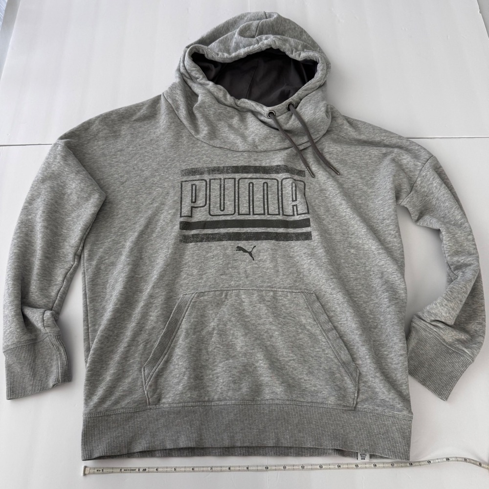 Puma Mens Heather Gray Graphic Logo Cowl Neck Drawstring Hoodie Sweatshirt